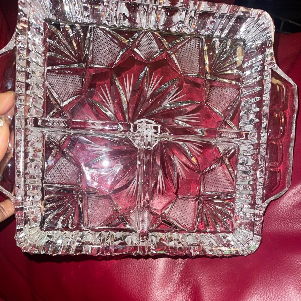 Vintage heavy pinwheel crystal square divided /3-section serving dish